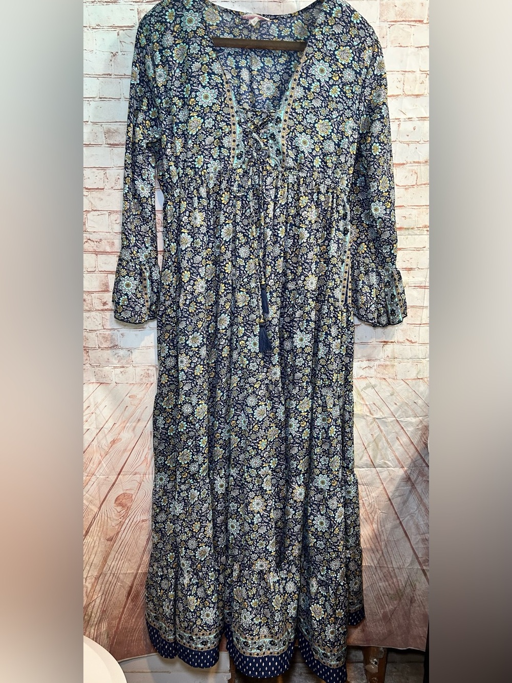 Anthro Boemo Blue Floral Tiered Boho Maxi Dress Size XL Prairie Cottagecore - Picture 2 of 6